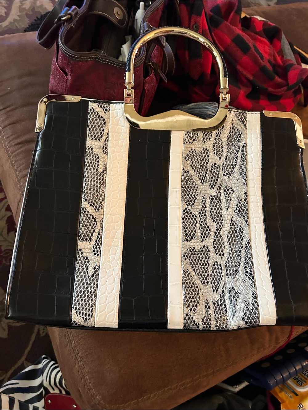 Black and White Striped Snake-Accent Tote Bag with Gold Handle.  Maybe used 5 ti